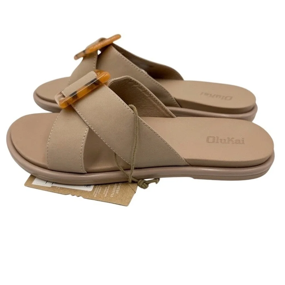 OluKai La'i Slide Sandals Taupe Tortoise Buckle 20511-TQTQ Women's 11 **NEW** - Picture 3 of 6